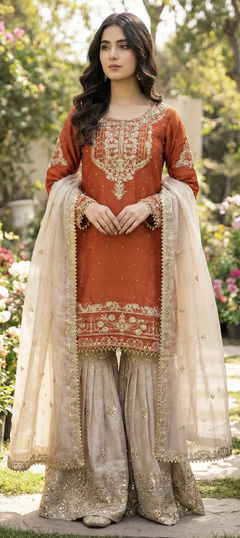 Beige and Brown color Salwar Kameez in Chinon Silk fabric with Embroidered, Sequence work