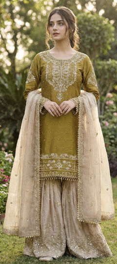 Green color Salwar Kameez in Chinon Silk fabric with Embroidered, Sequence work