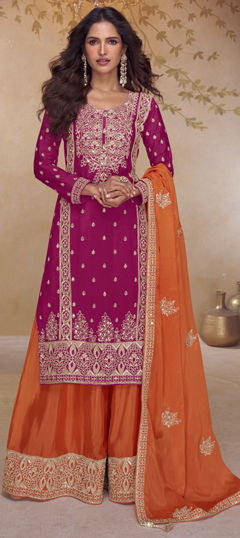 Pink and Majenta color Salwar Kameez in Chinon Silk fabric with Embroidered, Sequence, Thread, Zari work