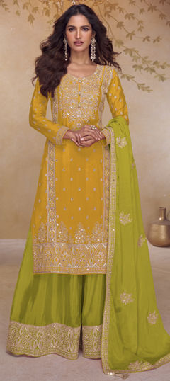 Yellow color Salwar Kameez in Chinon Silk fabric with Embroidered, Sequence, Thread, Zari work