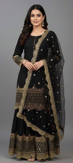 Black and Grey color Salwar Kameez in Faux Georgette fabric with Embroidered, Sequence, Thread, Zari work
