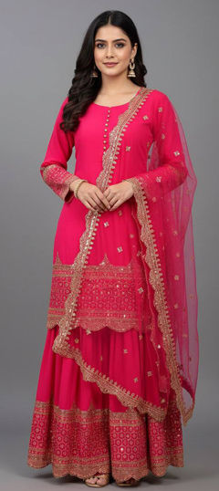Pink and Majenta color Salwar Kameez in Faux Georgette fabric with Embroidered, Sequence, Thread, Zari work