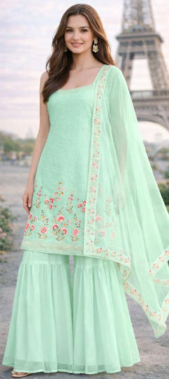 Blue color Salwar Kameez in Georgette fabric with Embroidered, Sequence work