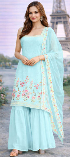 Blue color Salwar Kameez in Georgette fabric with Embroidered, Sequence work