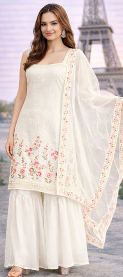 White and Off White color Salwar Kameez in Georgette fabric with Embroidered, Sequence work