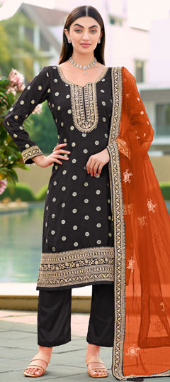 Black and Grey color Salwar Kameez in Jacquard, Viscose fabric with Embroidered work