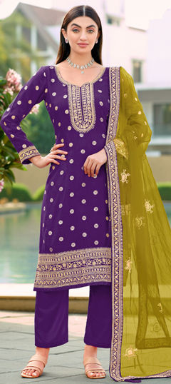 Purple and Violet color Salwar Kameez in Jacquard, Viscose fabric with Embroidered work