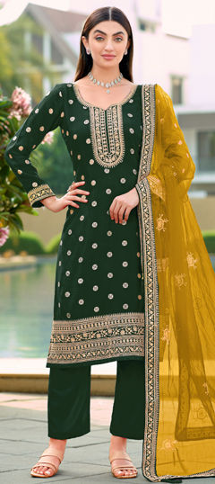 Green color Salwar Kameez in Jacquard, Viscose fabric with Embroidered work