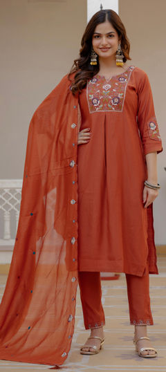 Beige and Brown color Salwar Kameez in Viscose fabric with Embroidered, Resham, Sequence, Thread work