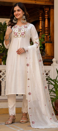 White and Off White color Salwar Kameez in Viscose fabric with Embroidered, Resham, Sequence, Thread work