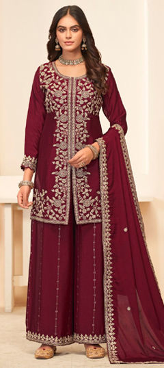 Red and Maroon color Salwar Kameez in Chinon Silk fabric with Embroidered, Thread, Zircon work