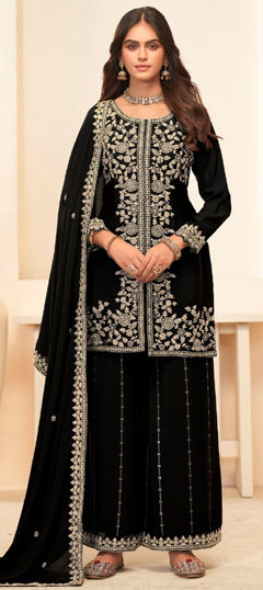 Black and Grey color Salwar Kameez in Chinon Silk fabric with Embroidered, Thread, Zircon work