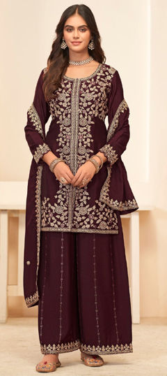 Purple and Violet color Salwar Kameez in Chinon Silk fabric with Embroidered, Thread, Zircon work