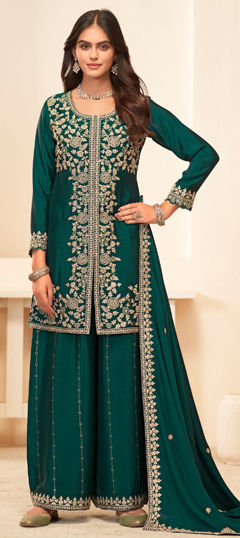 Blue color Salwar Kameez in Chinon Silk fabric with Embroidered, Thread, Zircon work