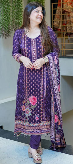 Purple and Violet color Salwar Kameez in Chinon Silk fabric with Embroidered, Floral, Printed work