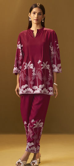 Red and Maroon color Co-ords Set in Rayon fabric with Printed work