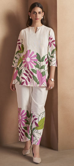 White and Off White color Co-ords Set in Cotton fabric with Floral work
