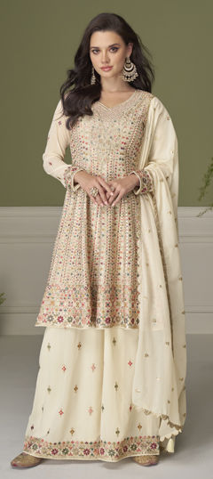 White and Off White color Salwar Kameez in Georgette fabric with Embroidered, Sequence, Stone, Thread work