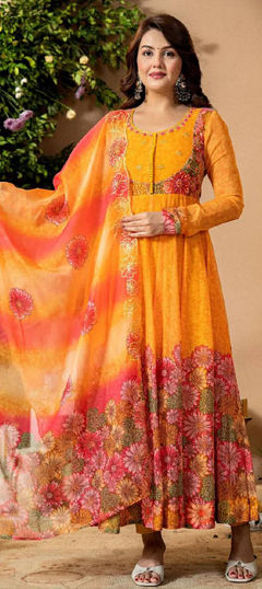 Orange color Salwar Kameez in Organza Silk fabric with Floral, Printed work