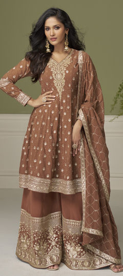 Beige and Brown color Salwar Kameez in Georgette fabric with Embroidered, Sequence, Stone, Thread work