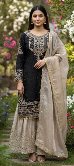 Black and Grey color Salwar Kameez in Chinon Silk fabric with Embroidered, Sequence, Thread, Zari work