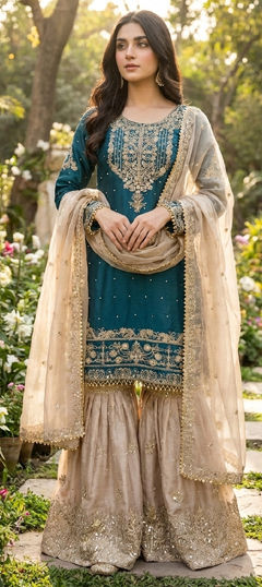 Blue color Salwar Kameez in Chinon Silk fabric with Embroidered, Sequence, Thread, Zari work