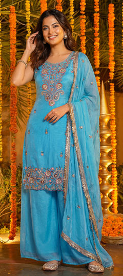 Blue color Salwar Kameez in Tissue fabric with Sequence, Thread work