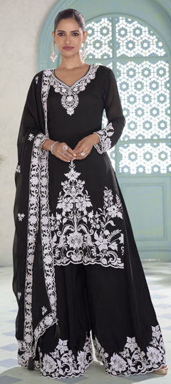 Black and Grey color Salwar Kameez in Chinon Silk fabric with Embroidered, Thread work