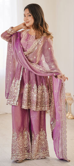Pink and Majenta color Salwar Kameez in Tissue fabric with Embroidered, Sequence, Thread work