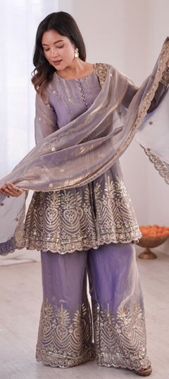 Purple and Violet color Salwar Kameez in Tissue fabric with Embroidered, Sequence, Thread work