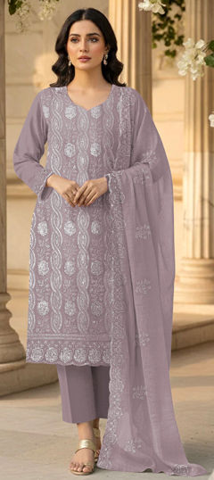 Purple and Violet color Salwar Kameez in Faux Georgette fabric with Embroidered, Sequence, Thread work