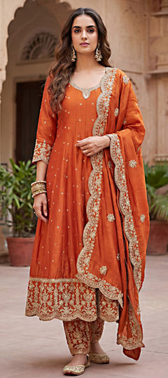 Beige and Brown color Salwar Kameez in Georgette fabric with Embroidered, Sequence, Thread work
