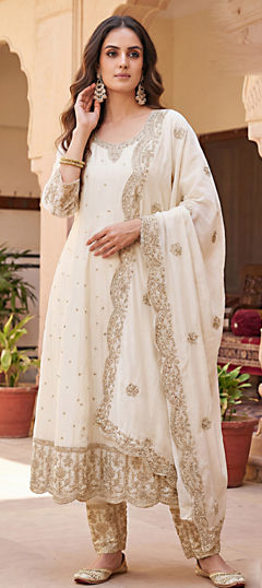 White and Off White color Salwar Kameez in Georgette fabric with Embroidered, Sequence, Thread work