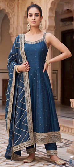 Blue color Salwar Kameez in Georgette fabric with Embroidered, Sequence, Thread work