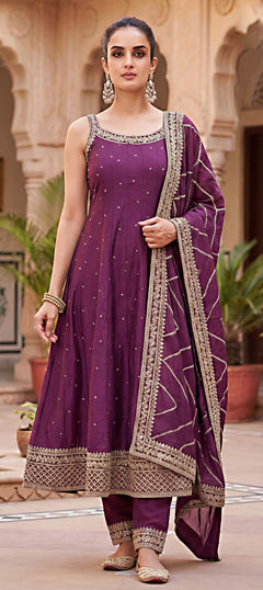 Purple and Violet color Salwar Kameez in Georgette fabric with Embroidered, Sequence, Thread work