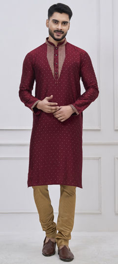 Red and Maroon color Kurta Pyjamas in Silk fabric with Embroidered, Sequence, Thread work