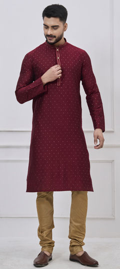Red and Maroon color Kurta Pyjamas in Silk fabric with Embroidered, Sequence, Thread work