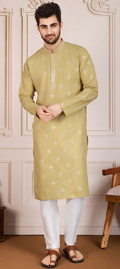 Beige and Brown color Kurta Pyjamas in Cotton fabric with Embroidered, Thread work