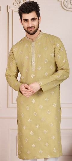 Beige and Brown color Kurta in Cotton fabric with Embroidered, Thread work