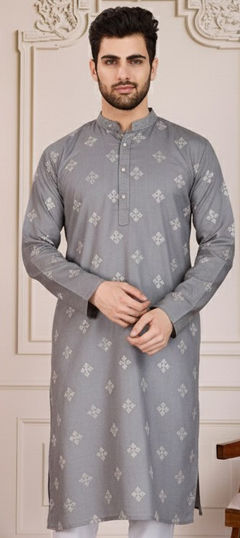 Black and Grey color Kurta in Cotton fabric with Embroidered, Thread work