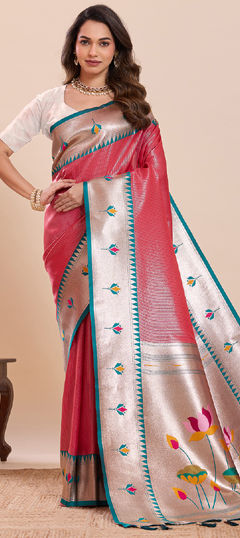 Red and Maroon color Saree in Art Silk fabric with Weaving, Zari work