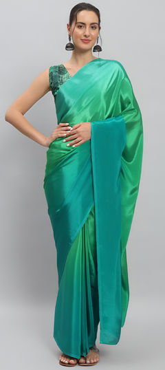 Green color Readymade Saree in Chinon Silk fabric with Printed, Thread work