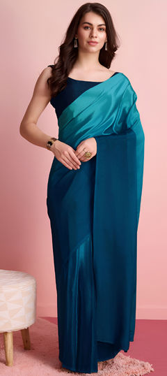 Blue color Readymade Saree in Chinon Silk fabric with Printed, Thread work