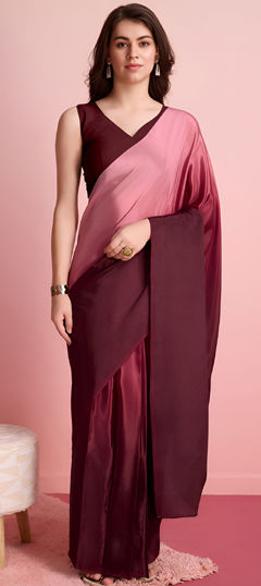 Beige and Brown color Readymade Saree in Chinon Silk fabric with Printed, Thread work