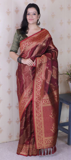 Red and Maroon color Saree in Art Silk fabric with Weaving, Zari work