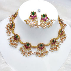 Gold Rodium Polish Green, Pink and Majenta color Necklace in Copper studded with Kundan, Pearl