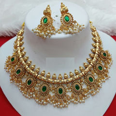 Gold Rodium Polish Green color Necklace in Copper studded with Kundan, Pearl