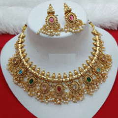 Gold Rodium Polish Pink and Majenta color Necklace in Copper studded with Kundan, Pearl