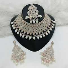 Gold Rodium Polish White and Off White color Necklace in Metal Alloy studded with Kundan, Pearl