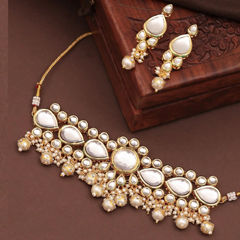 Gold Rodium Polish White and Off White color Necklace in Metal Alloy studded with Kundan